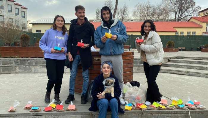Kars'ta üniversite öğrencileri mama dağıtıp hayvanları besledi